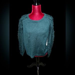 1st State Green Small Fringe Sleeve Sweater NWT